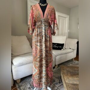 ANISA Boho Chic 70's Goddess Summer Butterfly Sleeve Paisley Maxi Dress Size S/M